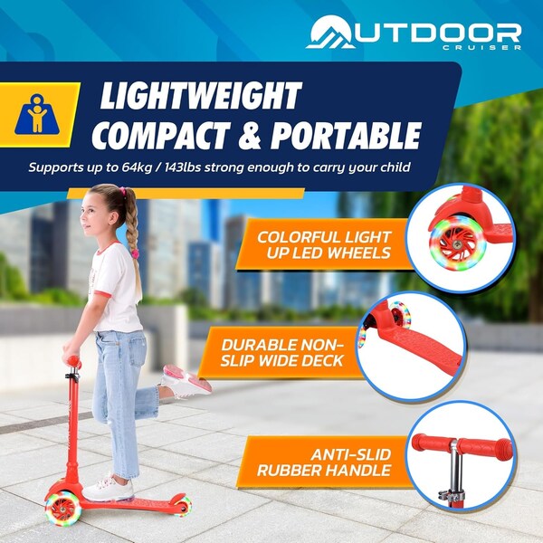 Outdoorcruiser Outdoor Cruiser 3-Wheel Kids Scooter, Lean-to-Steer, LED Wheels, Adjustable, Red, Ages 3-8 - OCKSRED