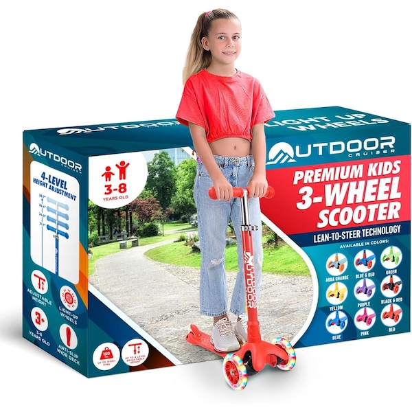 Outdoorcruiser Outdoor Cruiser 3-Wheel Kids Scooter, Lean-to-Steer, LED Wheels, Adjustable, Red, Ages 3-8 - OCKSRED