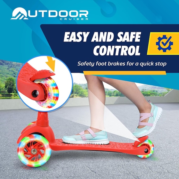 Outdoorcruiser Outdoor Cruiser 3-Wheel Kids Scooter, Lean-to-Steer, LED Wheels, Adjustable, Red, Ages 3-8 - OCKSRED