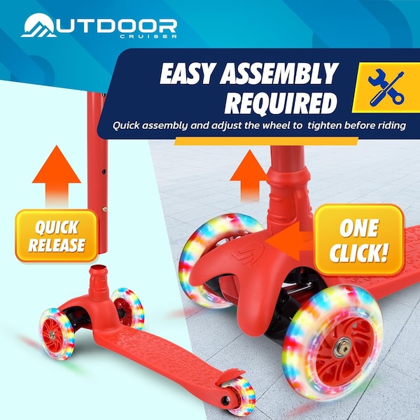 Outdoorcruiser Outdoor Cruiser 3-Wheel Kids Scooter, Lean-to-Steer, LED Wheels, Adjustable, Red, Ages 3-8 - OCKSRED