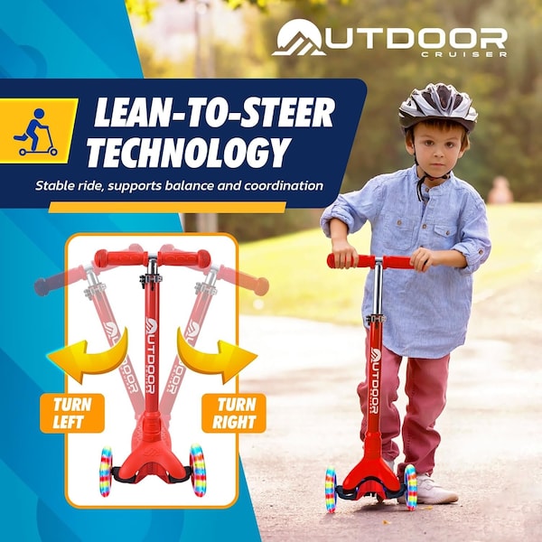 Outdoorcruiser Outdoor Cruiser 3-Wheel Kids Scooter, Lean-to-Steer, LED Wheels, Adjustable, Red, Ages 3-8 - OCKSRED