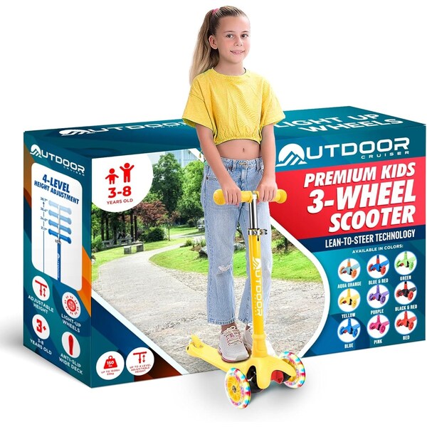 Outdoorcruiser Outdoor Cruiser 3-Wheel Kids Scooter, Lean-to-Steer, LED Wheels, Adjustable T-Bar, Yellow - OCKSYEL