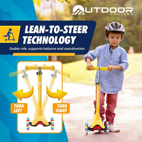 Outdoorcruiser Outdoor Cruiser 3-Wheel Kids Scooter, Lean-to-Steer, LED Wheels, Adjustable T-Bar, Yellow - OCKSYEL