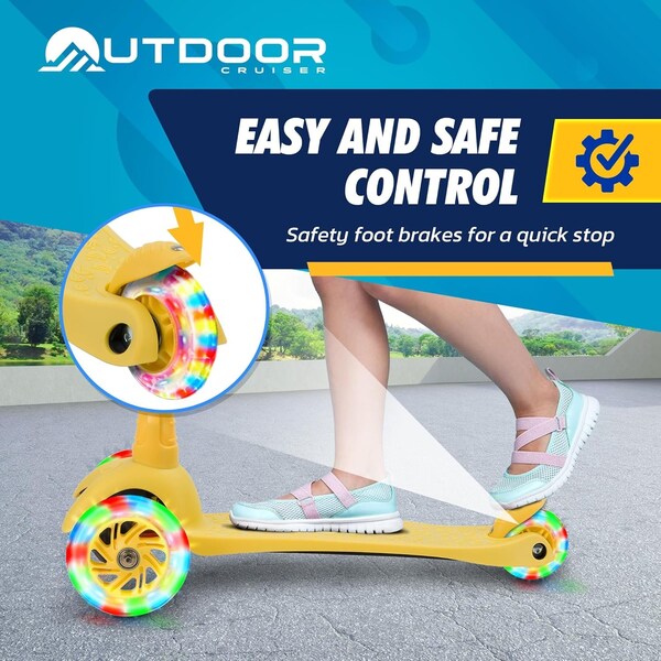 Outdoorcruiser Outdoor Cruiser 3-Wheel Kids Scooter, Lean-to-Steer, LED Wheels, Adjustable T-Bar, Yellow - OCKSYEL