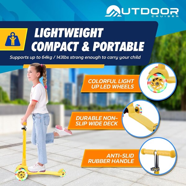 Outdoorcruiser Outdoor Cruiser 3-Wheel Kids Scooter, Lean-to-Steer, LED Wheels, Adjustable T-Bar, Yellow - OCKSYEL