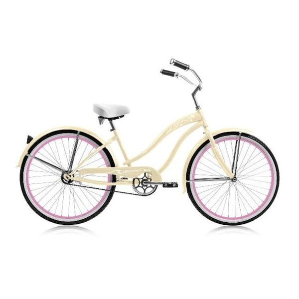 Micargi Micargi ROVER GX-F-VL 26 in. Rover Womens GX Beach Cruiser Bicycle; Vanilla & Pink Rim - ROVER GX-F-VL