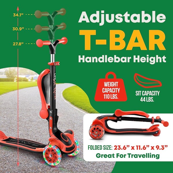 Lifemaster Kids 3-Wheel Scooter w/ Foldable Seat, LED Wheels, Adjustable Handlebar, Indoor/Outdoor Red - LIFMS33