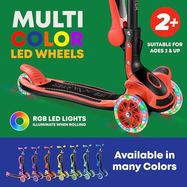 Lifemaster Kids 3-Wheel Scooter w/ Foldable Seat, LED Wheels, Adjustable Handlebar, Indoor/Outdoor Red - LIFMS33