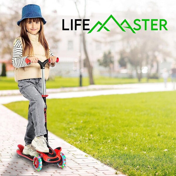 Lifemaster Kids 3-Wheel Scooter w/ Foldable Seat, LED Wheels, Adjustable Handlebar, Indoor/Outdoor Red - LIFMS33