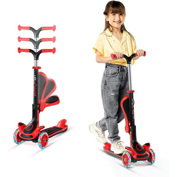 Lifemaster Kids 3-Wheel Scooter w/ Foldable Seat, LED Wheels, Adjustable Handlebar, Indoor/Outdoor Red - LIFMS33