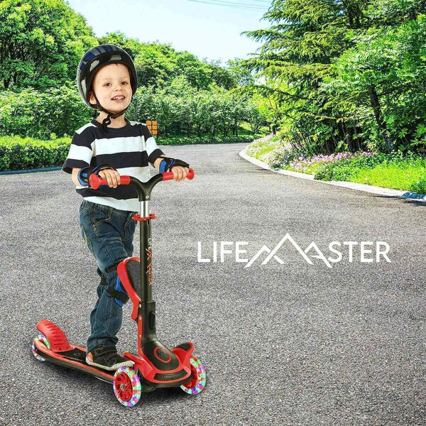 Lifemaster Kids 3-Wheel Scooter w/ Foldable Seat, LED Wheels, Adjustable Handlebar, Indoor/Outdoor Red - LIFMS33