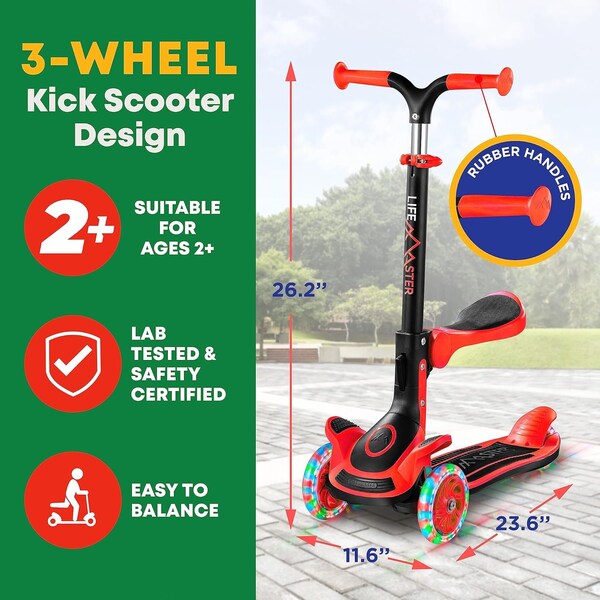 Lifemaster Kids 3-Wheel Scooter w/ Foldable Seat, LED Wheels, Adjustable Handlebar, Indoor/Outdoor Red - LIFMS33