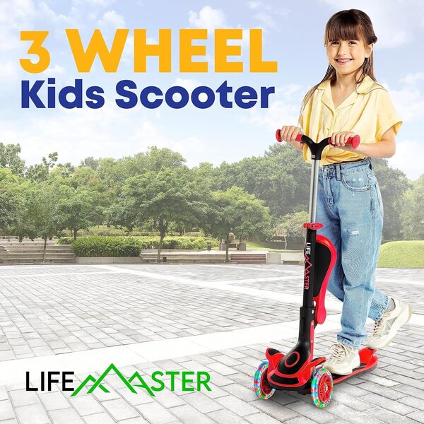 Lifemaster Kids 3-Wheel Scooter w/ Foldable Seat, LED Wheels, Adjustable Handlebar, Indoor/Outdoor Red - LIFMS33