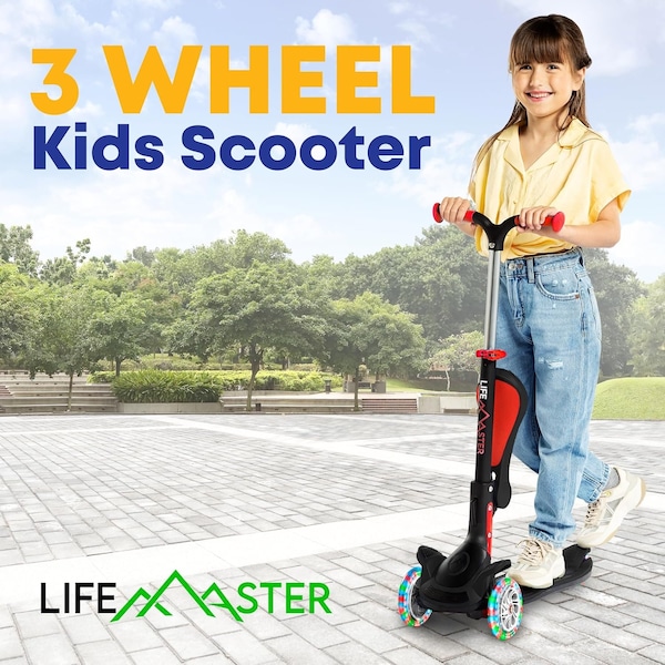 Lifemaster Kids 3-Wheel Scooter w/ Foldable Seat, LED Wheels, Adjustable Handlebar, Indoor/Outdoor Black - LIFMS71