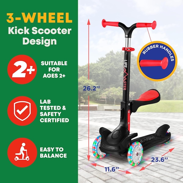 Lifemaster Kids 3-Wheel Scooter w/ Foldable Seat, LED Wheels, Adjustable Handlebar, Indoor/Outdoor Black - LIFMS71