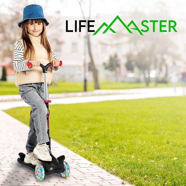 Lifemaster Kids 3-Wheel Scooter w/ Foldable Seat, LED Wheels, Adjustable Handlebar, Indoor/Outdoor Black - LIFMS71