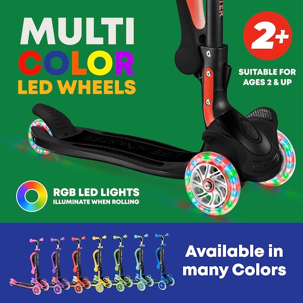 Lifemaster Kids 3-Wheel Scooter w/ Foldable Seat, LED Wheels, Adjustable Handlebar, Indoor/Outdoor Black - LIFMS71