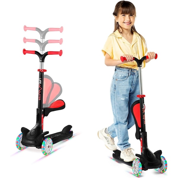Lifemaster Kids 3-Wheel Scooter w/ Foldable Seat, LED Wheels, Adjustable Handlebar, Indoor/Outdoor Black - LIFMS71