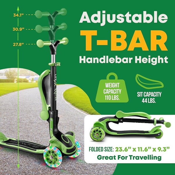 Lifemaster Kids 3-Wheel Scooter with Foldable Seat, LED Wheels, Adjustable Handlebar, Indoor/Outdoor Green - LIFMS55