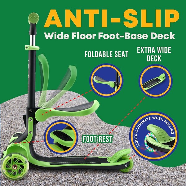 Lifemaster Kids 3-Wheel Scooter with Foldable Seat, LED Wheels, Adjustable Handlebar, Indoor/Outdoor Green - LIFMS55
