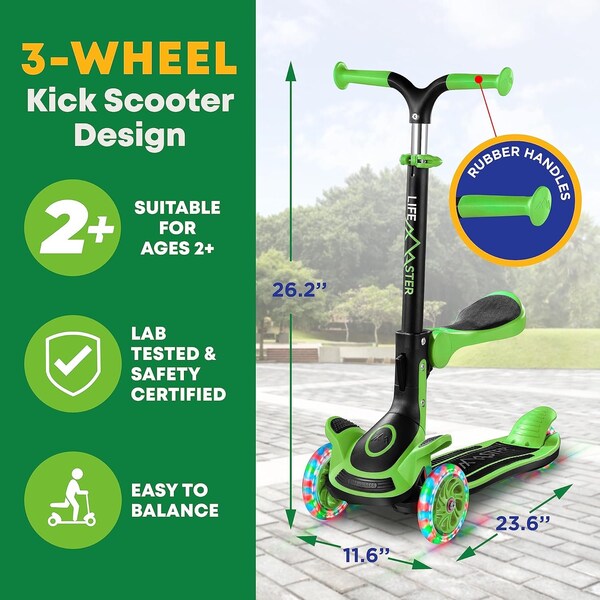 Lifemaster Kids 3-Wheel Scooter with Foldable Seat, LED Wheels, Adjustable Handlebar, Indoor/Outdoor Green - LIFMS55