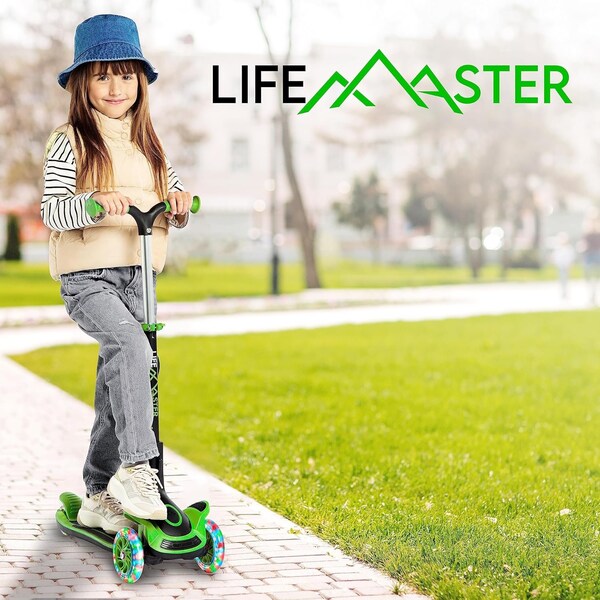 Lifemaster Kids 3-Wheel Scooter with Foldable Seat, LED Wheels, Adjustable Handlebar, Indoor/Outdoor Green - LIFMS55