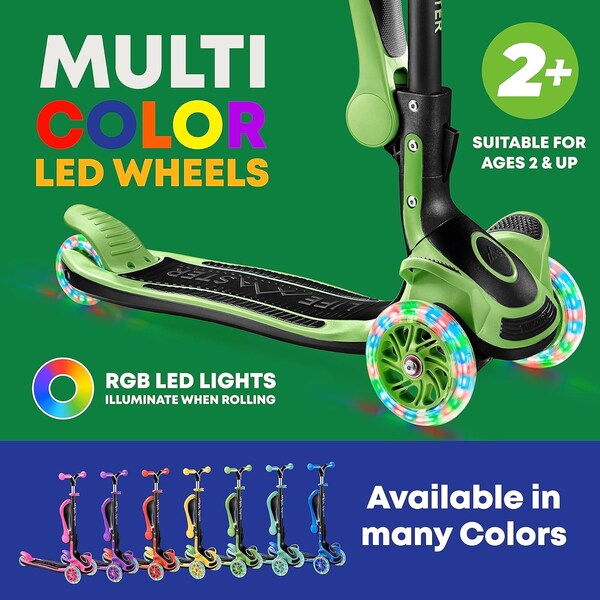 Lifemaster Kids 3-Wheel Scooter with Foldable Seat, LED Wheels, Adjustable Handlebar, Indoor/Outdoor Green - LIFMS55