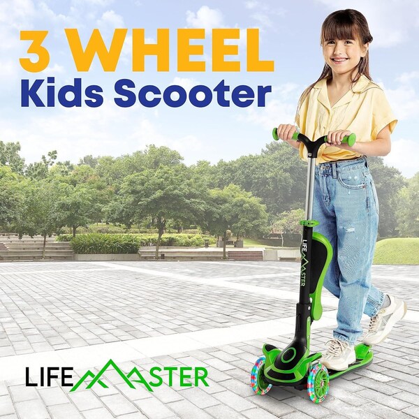 Lifemaster Kids 3-Wheel Scooter with Foldable Seat, LED Wheels, Adjustable Handlebar, Indoor/Outdoor Green - LIFMS55