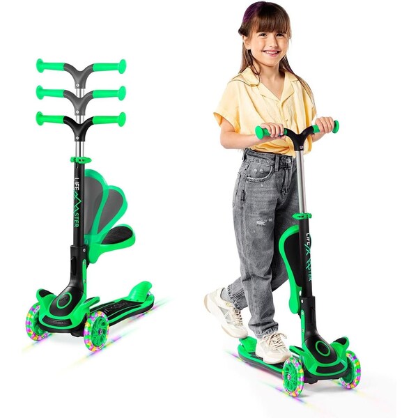 Lifemaster Kids 3-Wheel Scooter with Foldable Seat, LED Wheels, Adjustable Handlebar, Indoor/Outdoor Green - LIFMS55