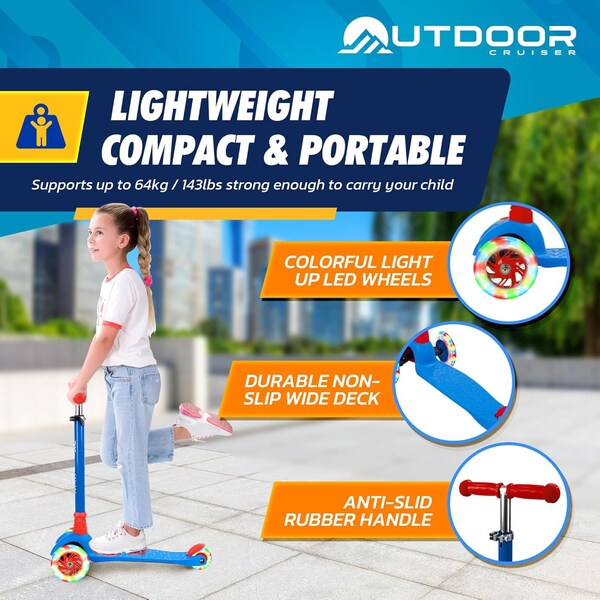 Outdoorcruiser Outdoor Cruiser 3-Wheel Kids Scooter, Lean-to-Steer, LED Wheels, Adjustable T-Bar, Blue/Red - OCKSRB684