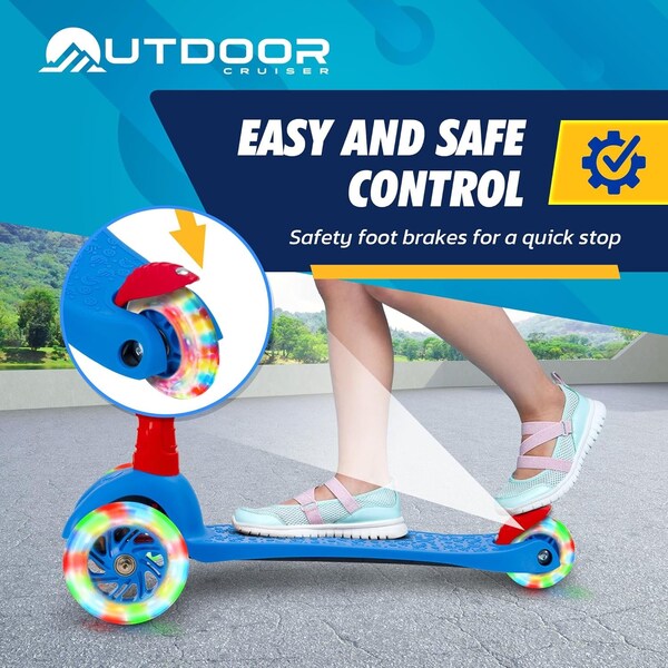 Outdoorcruiser Outdoor Cruiser 3-Wheel Kids Scooter, Lean-to-Steer, LED Wheels, Adjustable T-Bar, Blue/Red - OCKSRB684