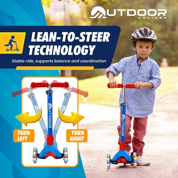 Outdoorcruiser Outdoor Cruiser 3-Wheel Kids Scooter, Lean-to-Steer, LED Wheels, Adjustable T-Bar, Blue/Red - OCKSRB684