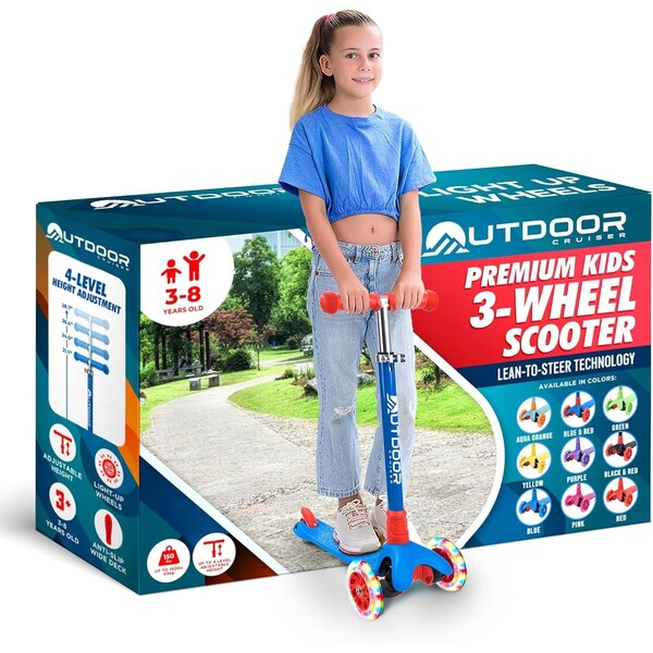Outdoorcruiser Outdoor Cruiser 3-Wheel Kids Scooter, Lean-to-Steer, LED Wheels, Adjustable T-Bar, Blue/Red - OCKSRB684