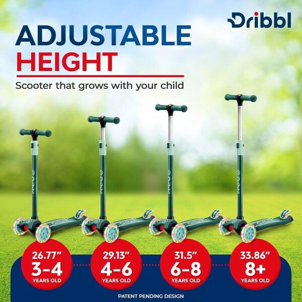 Dribbl 3-Wheel Kids Scooter, Lean-to-Steer, Adjustable Handle, Anti-Slip Deck, Aqua, Ages 2+ - DBKS01