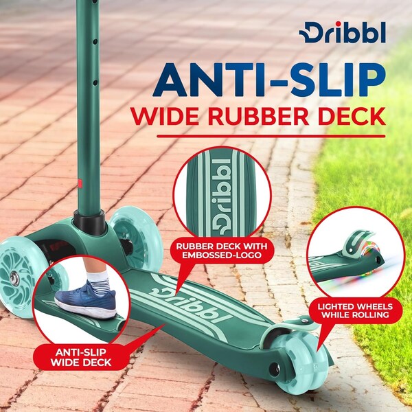 Dribbl 3-Wheel Kids Scooter, Lean-to-Steer, Adjustable Handle, Anti-Slip Deck, Aqua, Ages 2+ - DBKS01