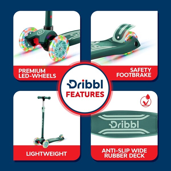Dribbl 3-Wheel Kids Scooter, Lean-to-Steer, Adjustable Handle, Anti-Slip Deck, Aqua, Ages 2+ - DBKS01