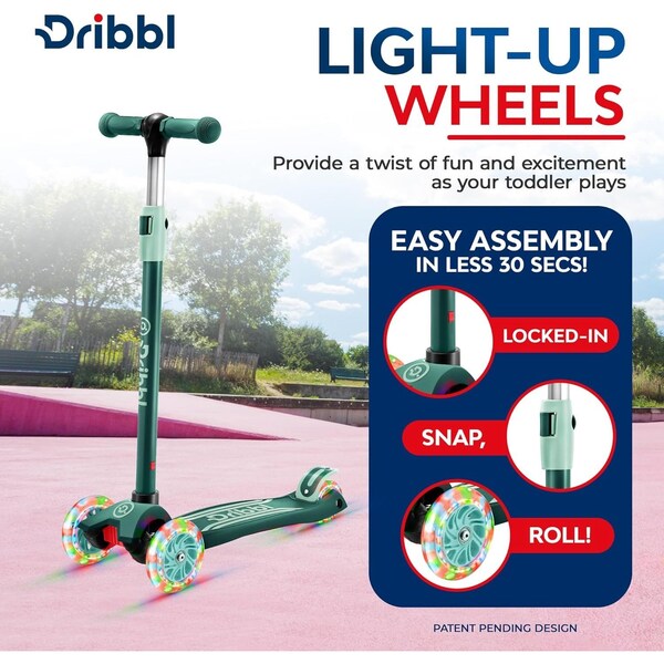 Dribbl 3-Wheel Kids Scooter, Lean-to-Steer, Adjustable Handle, Anti-Slip Deck, Aqua, Ages 2+ - DBKS01