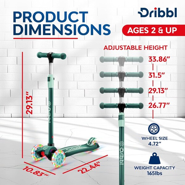 Dribbl 3-Wheel Kids Scooter, Lean-to-Steer, Adjustable Handle, Anti-Slip Deck, Aqua, Ages 2+ - DBKS01