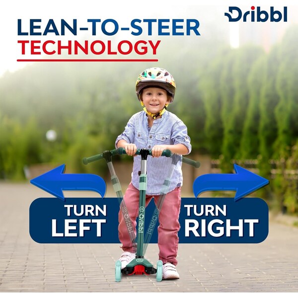 Dribbl 3-Wheel Kids Scooter, Lean-to-Steer, Adjustable Handle, Anti-Slip Deck, Aqua, Ages 2+ - DBKS01