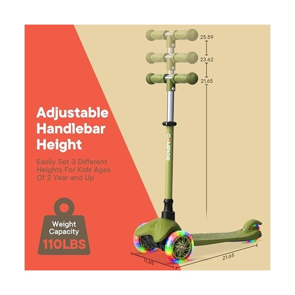 Campior Neon Green 3-Wheel Kids Scooter, LED Wheels, Adjustable Handlebar, Anti-Slip Deck, Ages 2+ - CAMKSNGRN