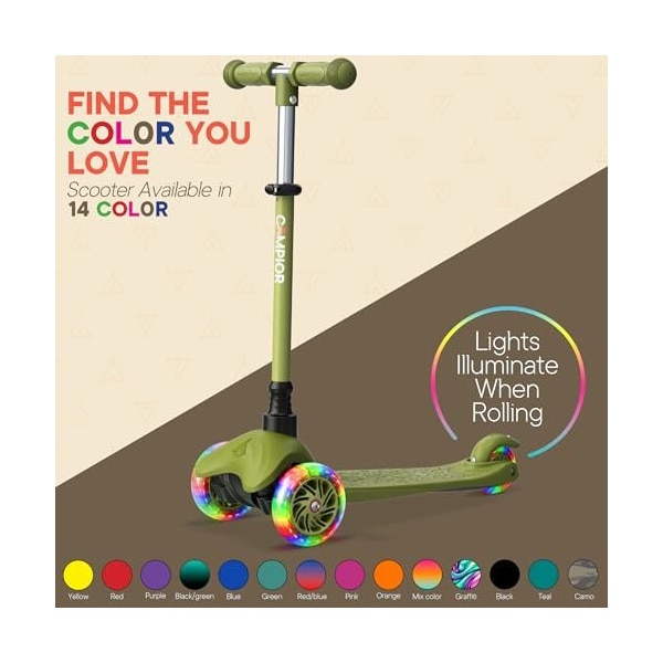 Campior Neon Green 3-Wheel Kids Scooter, LED Wheels, Adjustable Handlebar, Anti-Slip Deck, Ages 2+ - CAMKSNGRN