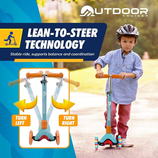 Outdoorcruiser Outdoor Cruiser 3-Wheel Kids Scooter, LED Lighted Wheels, Adjustable T-Bar, Ages 3-8, Aqua/Orange - OCKSA678