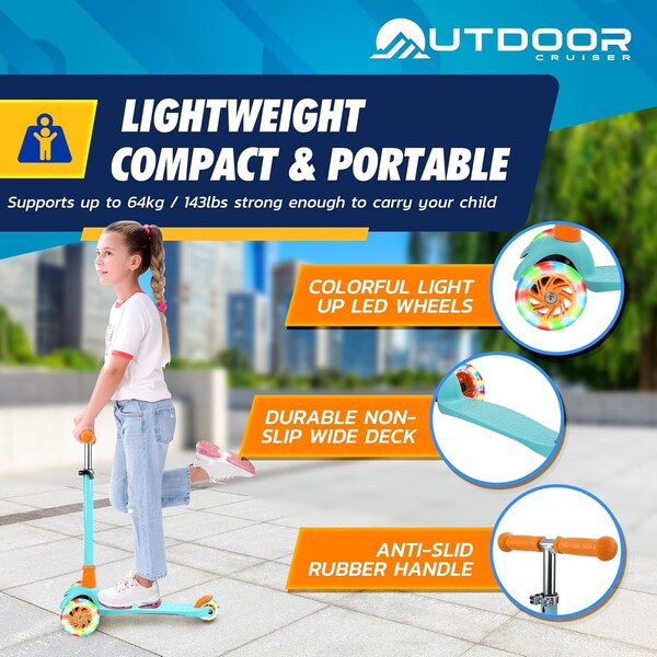 Outdoorcruiser Outdoor Cruiser 3-Wheel Kids Scooter, LED Lighted Wheels, Adjustable T-Bar, Ages 3-8, Aqua/Orange - OCKSA678