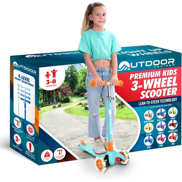 Outdoorcruiser Outdoor Cruiser 3-Wheel Kids Scooter, LED Lighted Wheels, Adjustable T-Bar, Ages 3-8, Aqua/Orange - OCKSA678