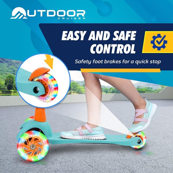 Outdoorcruiser Outdoor Cruiser 3-Wheel Kids Scooter, LED Lighted Wheels, Adjustable T-Bar, Ages 3-8, Aqua/Orange - OCKSA678