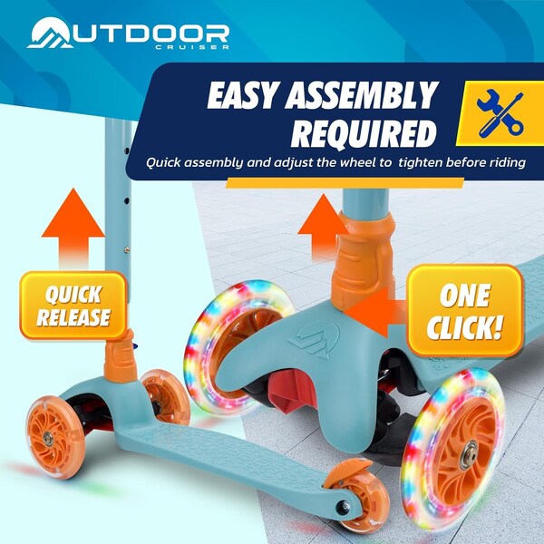 Outdoorcruiser Outdoor Cruiser 3-Wheel Kids Scooter, LED Lighted Wheels, Adjustable T-Bar, Ages 3-8, Aqua/Orange - OCKSA678