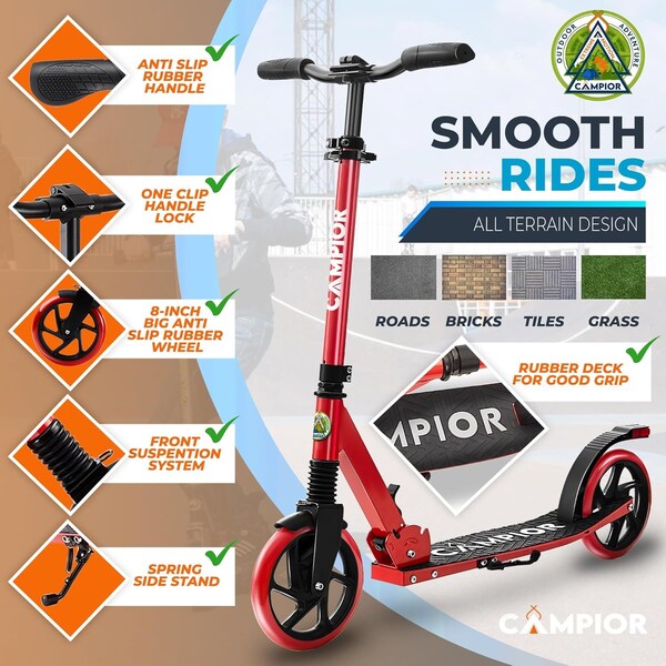 Campior Kick Scooter for Ages 6+, for Kids, Teens, and Adults, Max Load 240 LBS, Foldable, 8-inch Big Red - CAMTE057