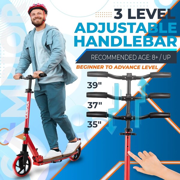 Campior Kick Scooter for Ages 6+, for Kids, Teens, and Adults, Max Load 240 LBS, Foldable, 8-inch Big Red - CAMTE057