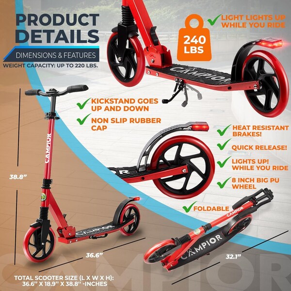Campior Kick Scooter for Ages 6+, for Kids, Teens, and Adults, Max Load 240 LBS, Foldable, 8-inch Big Red - CAMTE057