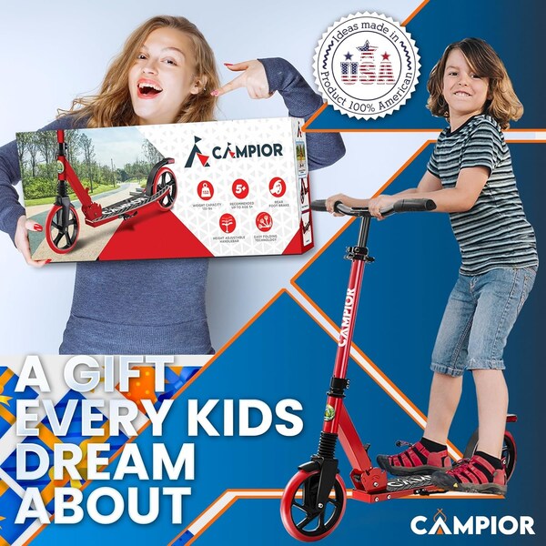 Campior Kick Scooter for Ages 6+, for Kids, Teens, and Adults, Max Load 240 LBS, Foldable, 8-inch Big Red - CAMTE057